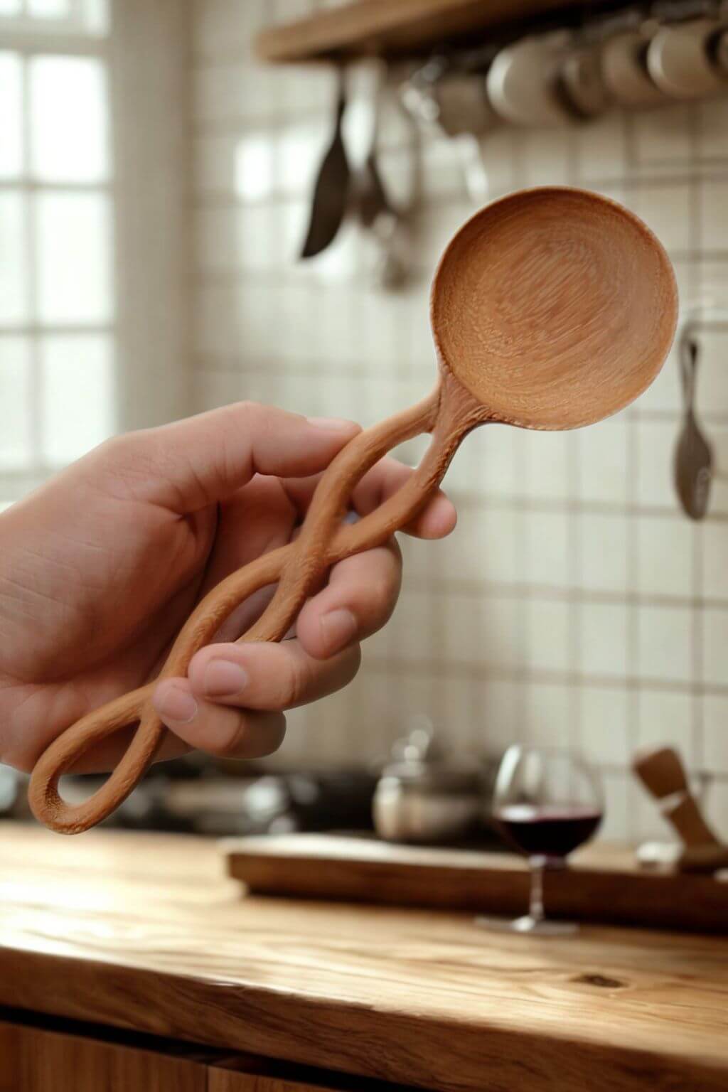 Hand holding Twisted Handle Doussie Wood Spoon in a kitchen setting with natural light