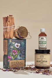 Anima Mundi Ritual Gift Set including the Herbal Astrology Oracle, Blue Lotus Tea, Dream Elixir, Palo Santo Sticks and a Woven Brass Tea Strainer