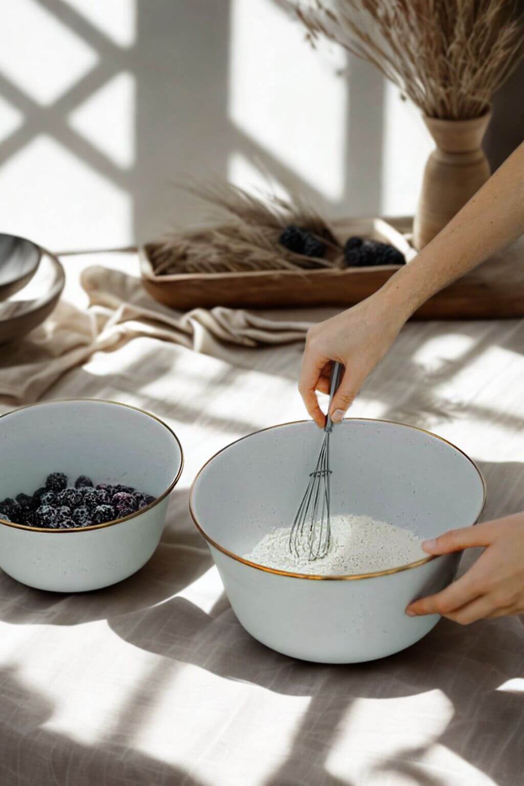 Whisking ingredients in enamel mixing bowl with berries beside