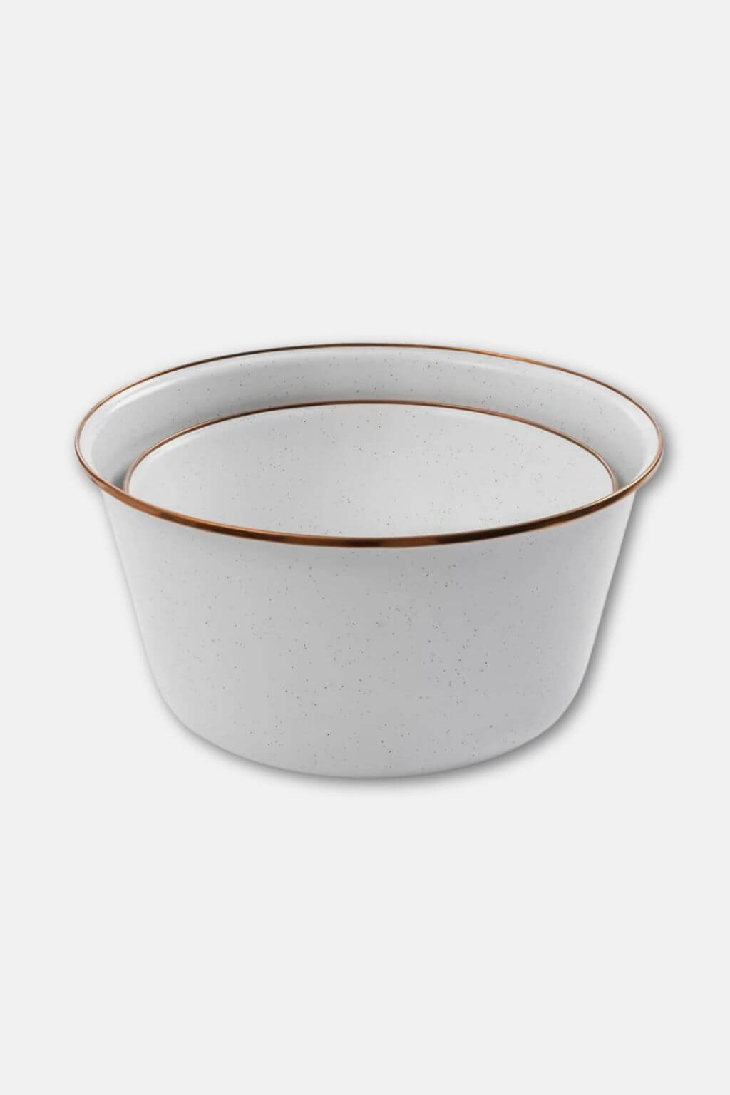 Nested enamel mixing bowls with speckled eggshell glaze