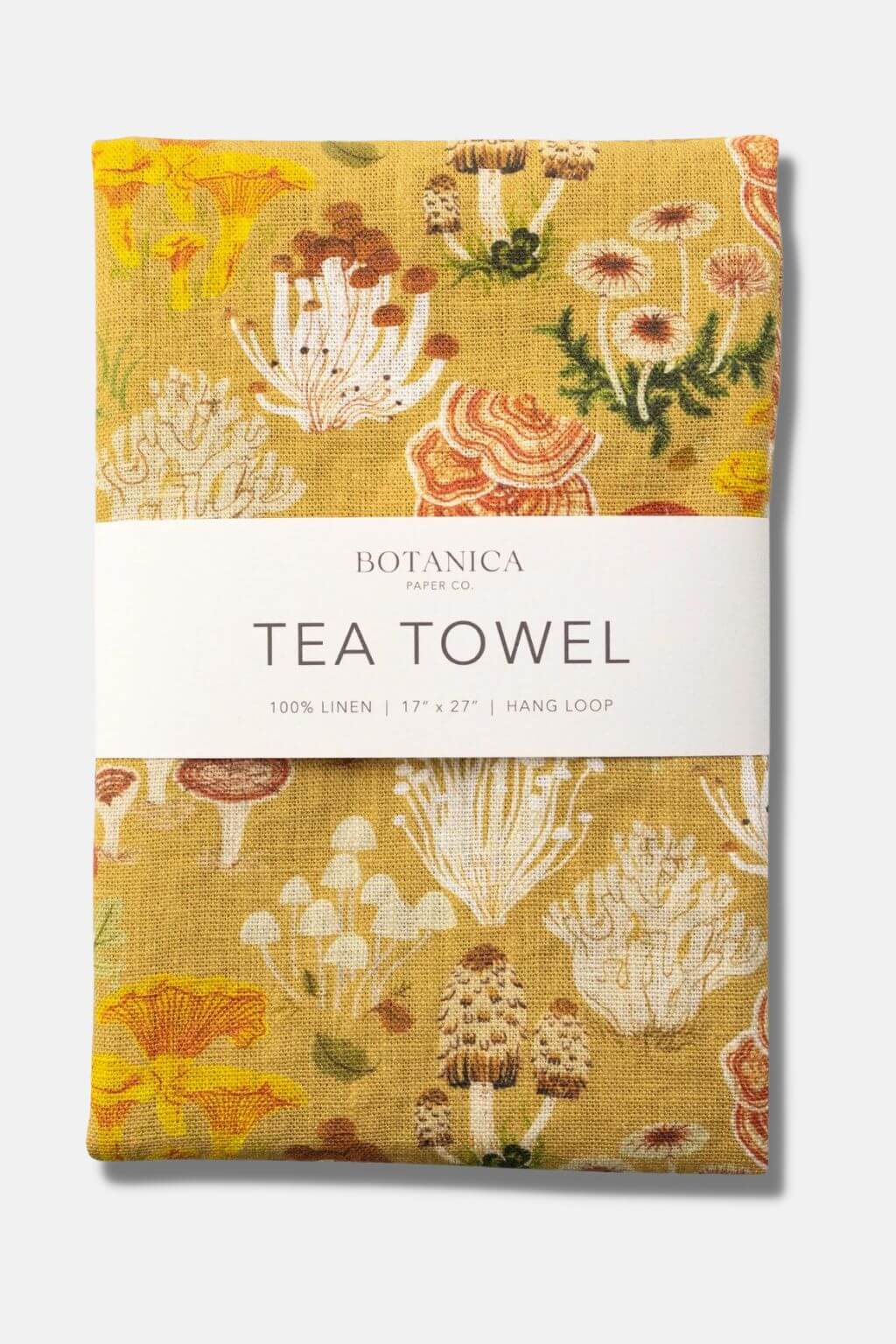 Mushroom Melange Linen Tea Towel by Botanica Paper Co. featuring chanterelles, morels, and coral fungi on marigold linen.