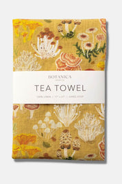 Mushroom Melange Linen Tea Towel by Botanica Paper Co. featuring chanterelles, morels, and coral fungi on marigold linen.