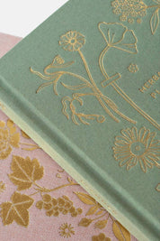 Close-up of gold foil floral embossing on the planner’s linen cover.
