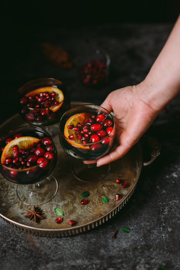 Cultiverre Festive Botanicall Mixology Collection | Antique Silver Tray set with Fruit Filled Mulled Wine