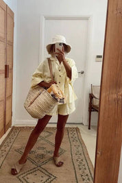French Straw Bag with Nude Leather Straps