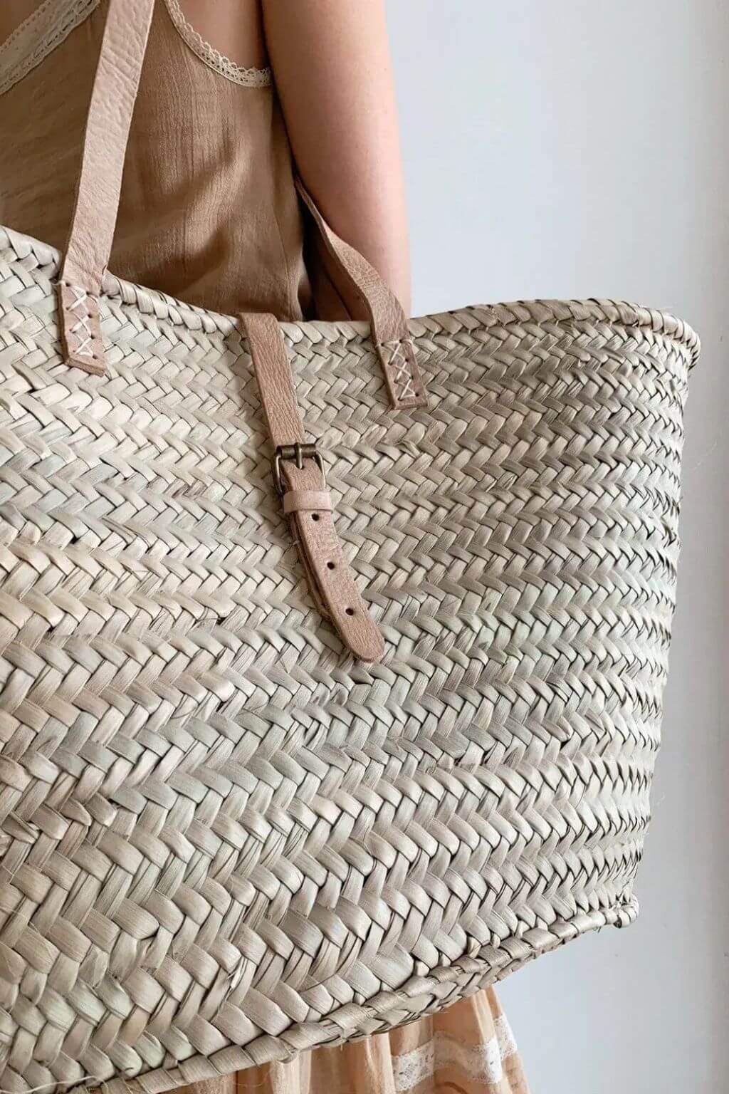 French Straw Bag with Nude Leather Straps