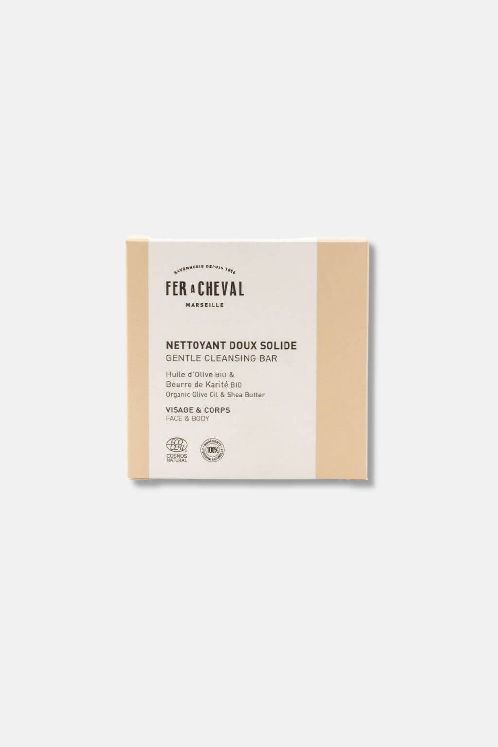 Fer à Cheval Gentle Cleansing Soap packaged in cream and beige box, labeled for face and body.