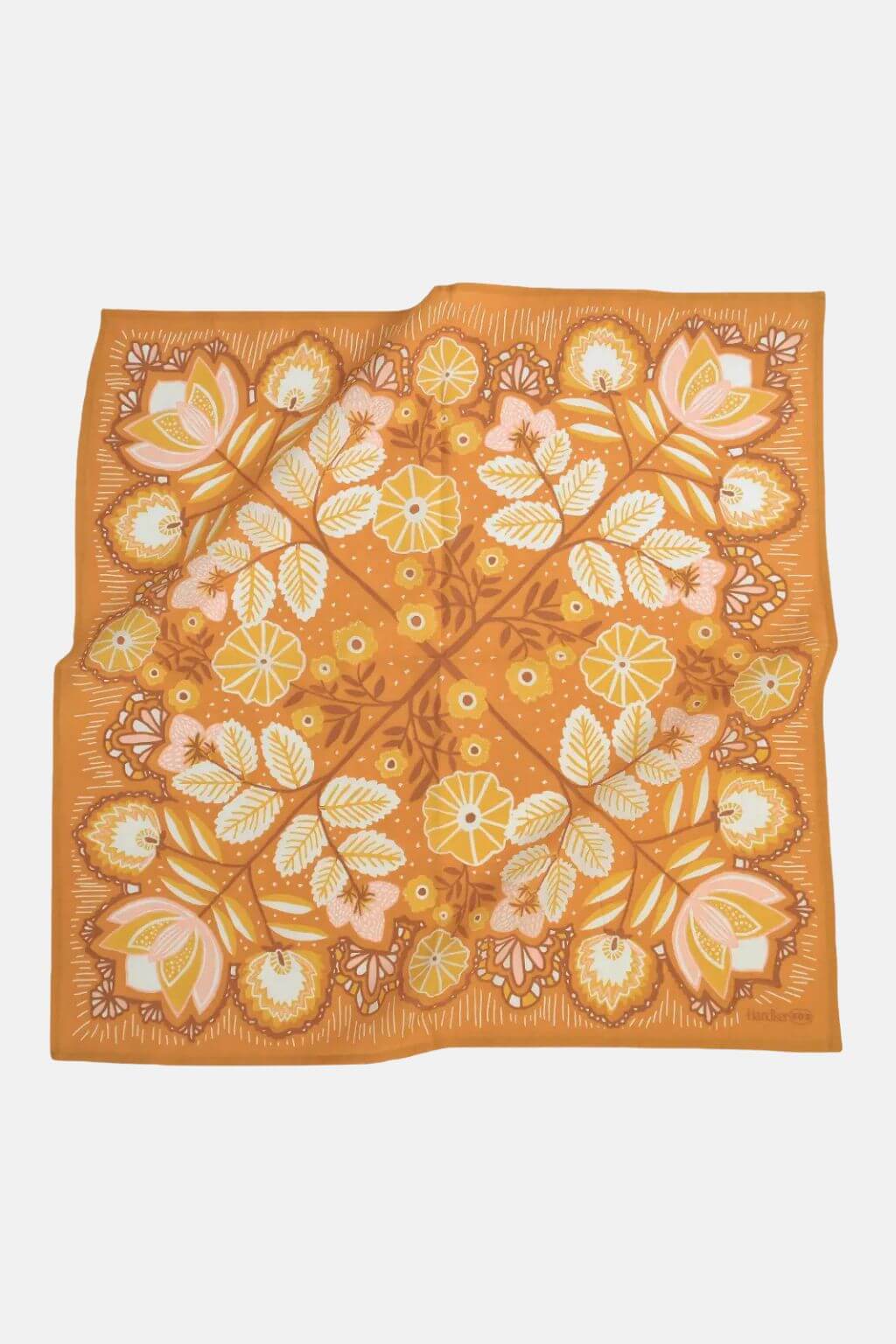 Autumn-inspired cotton bandana with pressed flower pattern in warm golden hues.