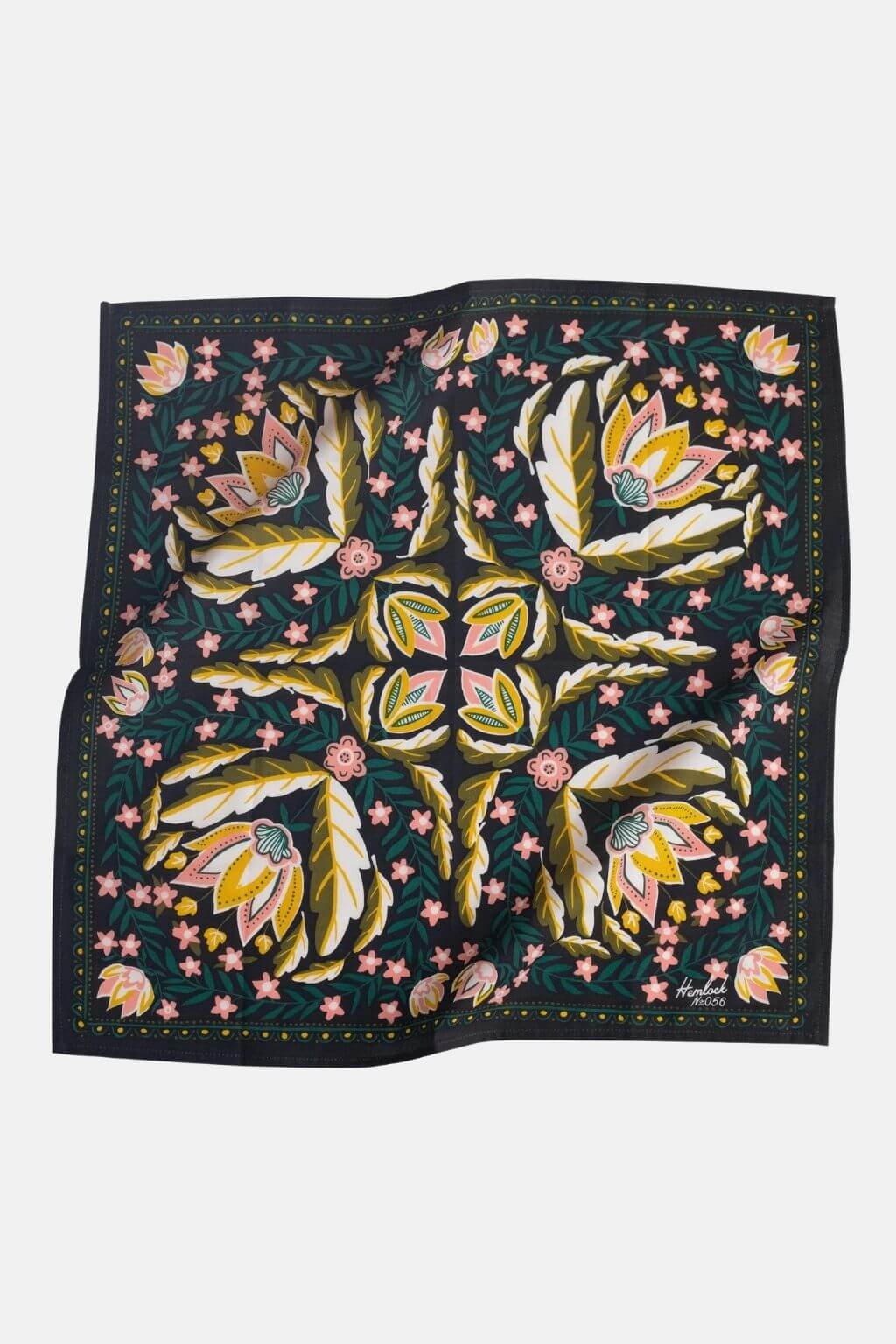 Flat lay of Hemlock Betty Bandana showing full square floral design