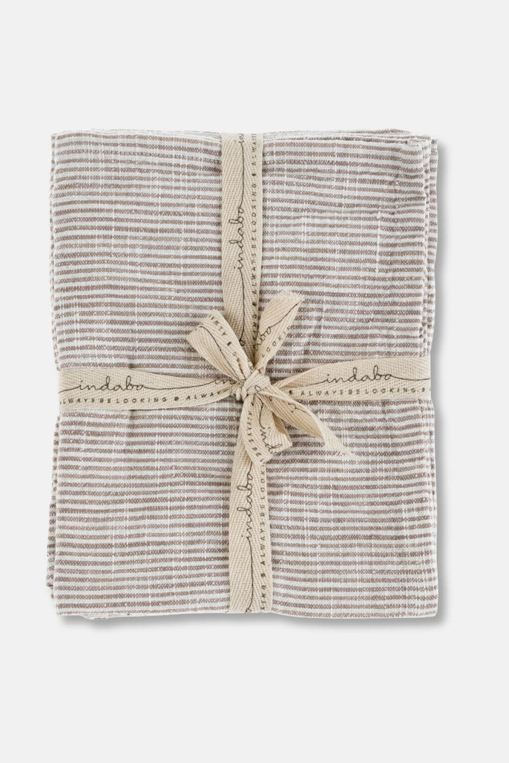 Set of two striped mink cotton tea towels bundled with grosgrain ribbon