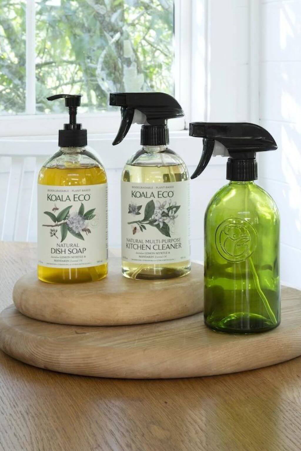 Three bottles from the Koala Eco line of natural, plant-based kitchen cleaners
