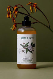 A bottle of Lemon Myrtle + Mandarin Natural Dish Soap with a label featuring Koala Eco branding and an image of a lemon myrtle plant. The bottle is placed against a dark green background.