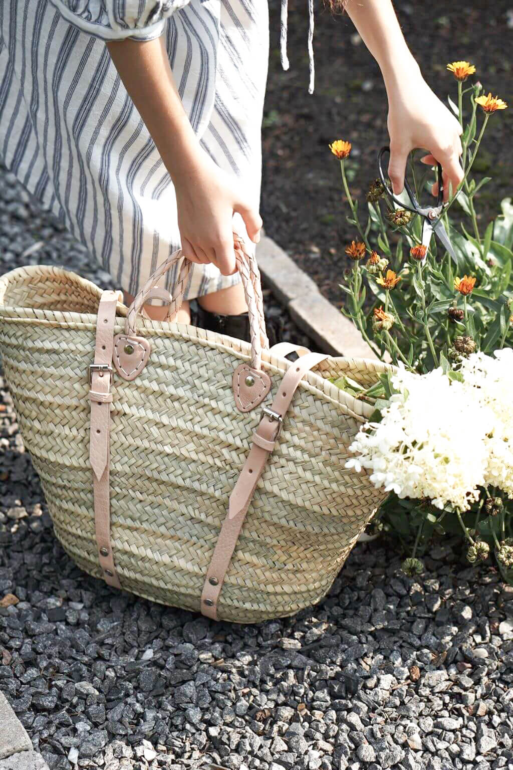 French Market Harvesting Basket Backpack with Natural Leather Straps