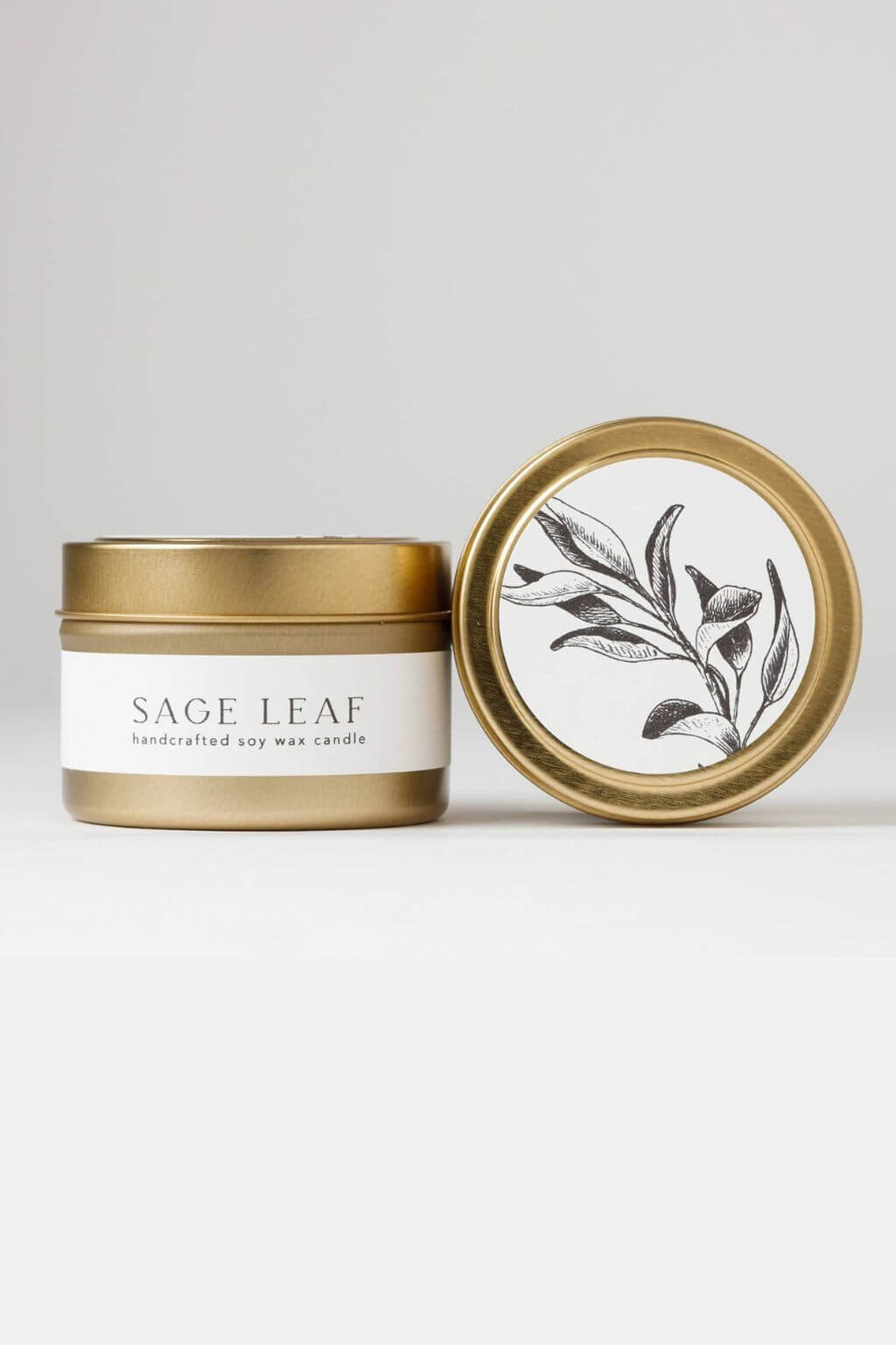 Sage Leaf Travel Tin Candle with botanical sage leaf illustration on lid