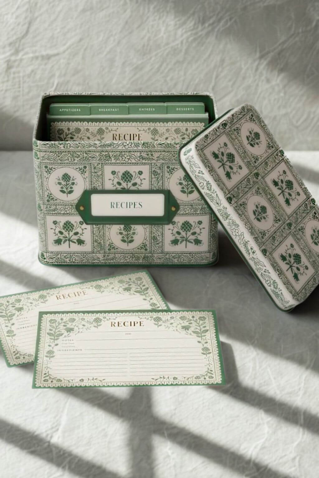Rifle Paper Co. Artichoke Heirloom Recipe Tin open with matching recipe cards and dividers displayed