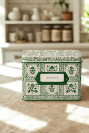 Rifle Paper Co. green artichoke recipe tin displayed in a cozy farmhouse kitchen