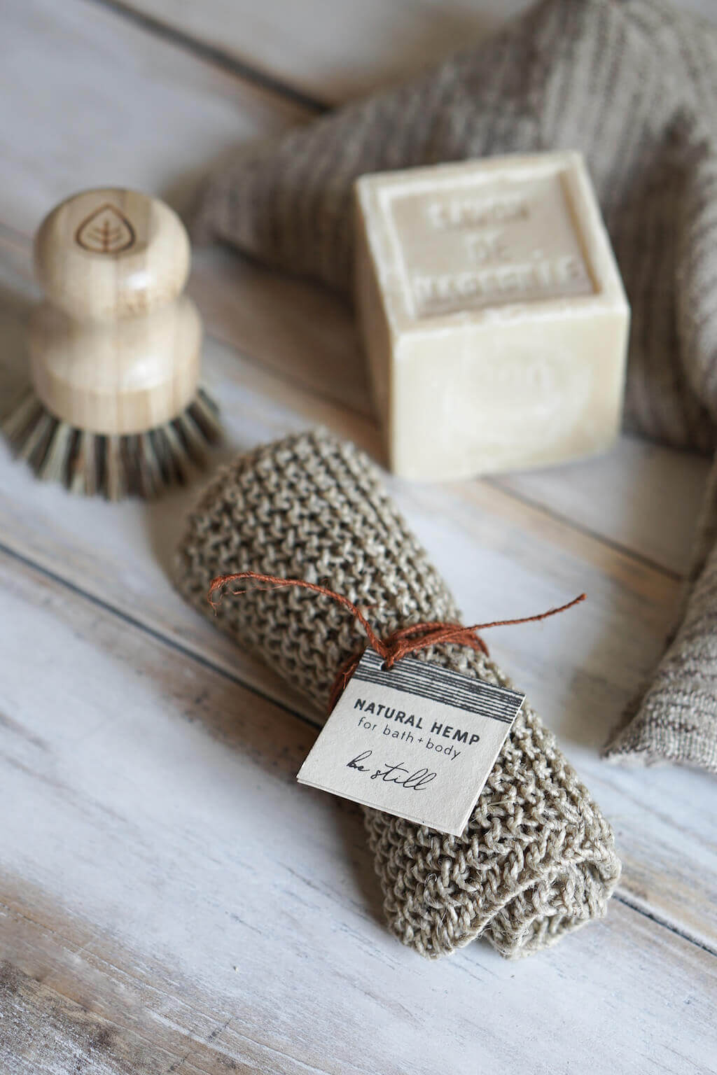 Sustainable hemp washcloth and natural bath accessories