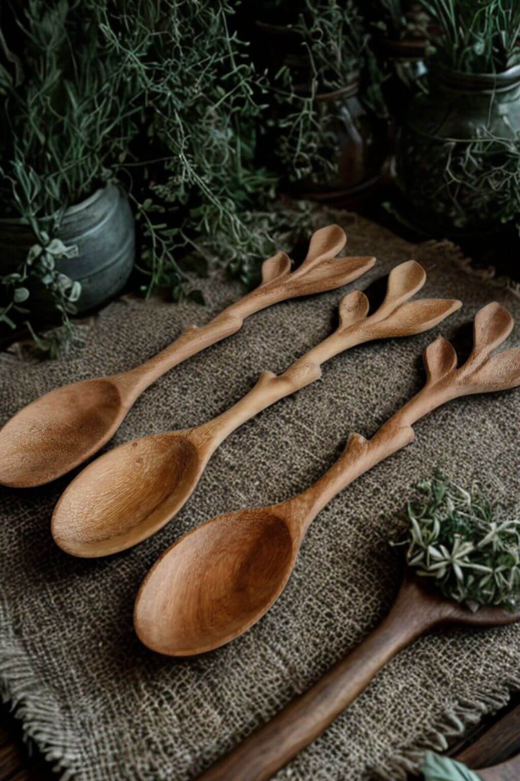Trio of hand-carved Doussie Wood Spoons with organic leaf handles.