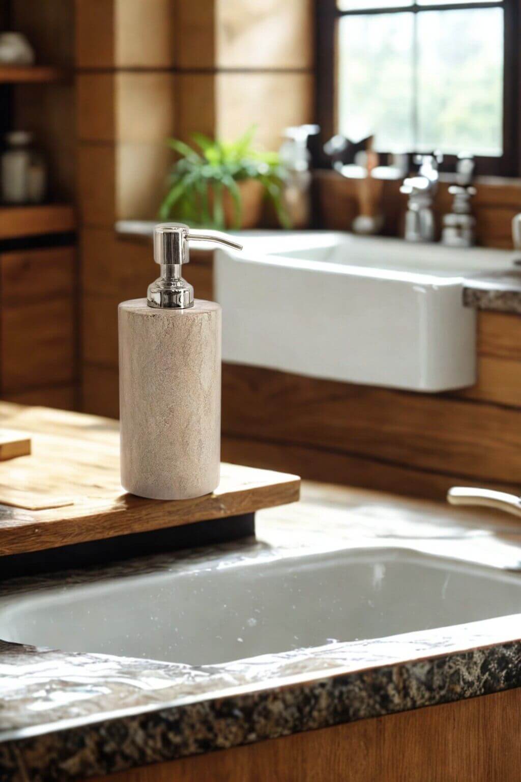 Close-up of the rainbow sandstone soap dispenser with stainless steel pump, placed beside a farmhouse sink in a warm, rustic kitchen.