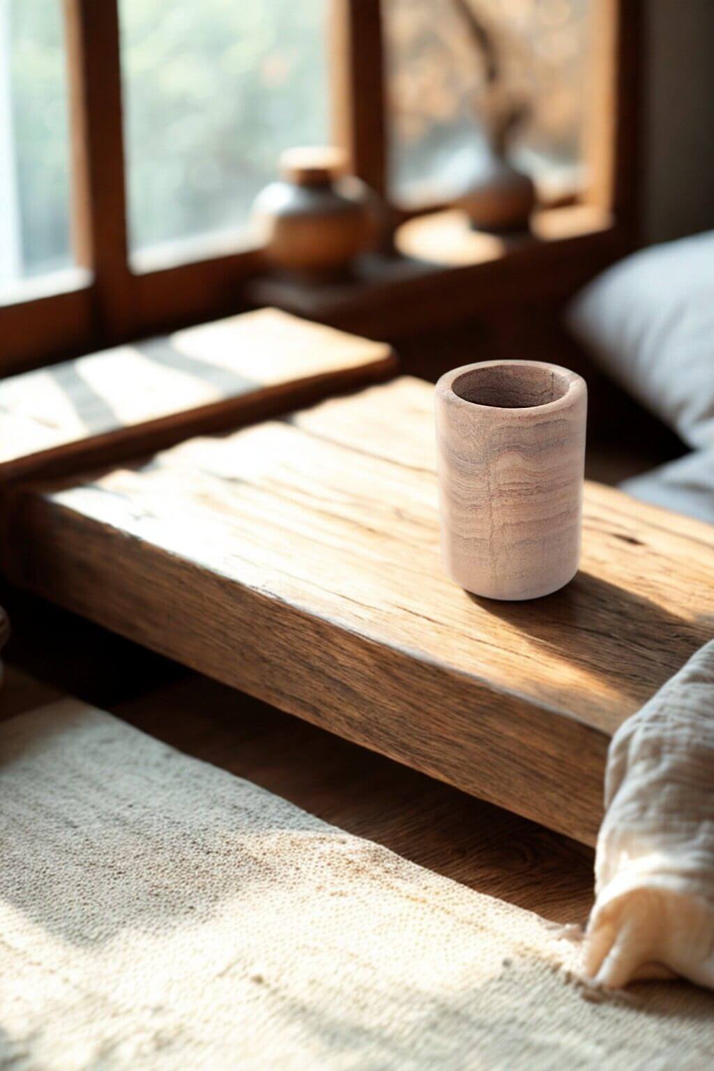 Rainbow sandstone tumbler resting on a rustic wooden surface near a sunlit window.