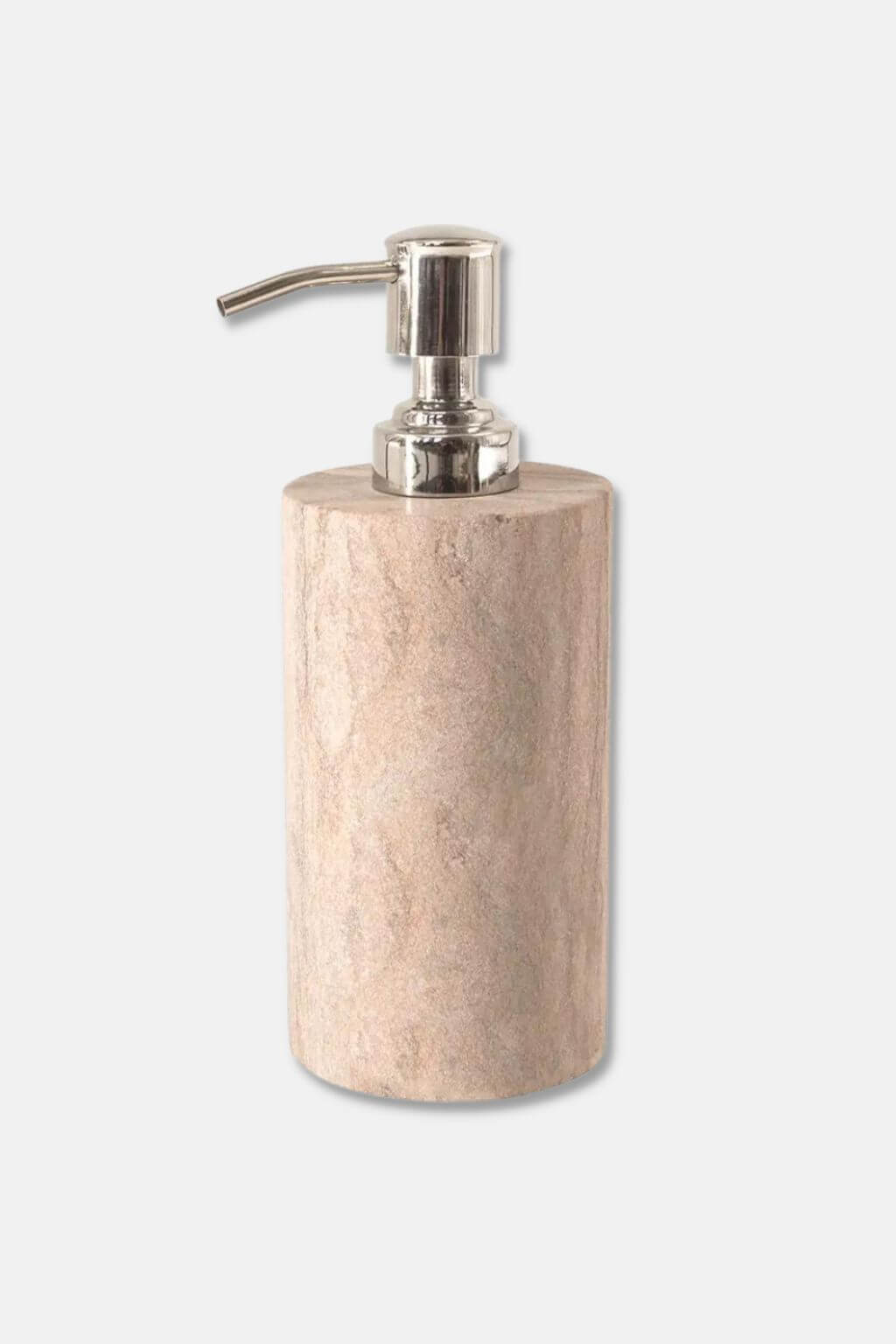 Studio shot of the Rainbow Sandstone Soap Dispenser on a plain background, highlighting its cylindrical shape and soft natural veining.