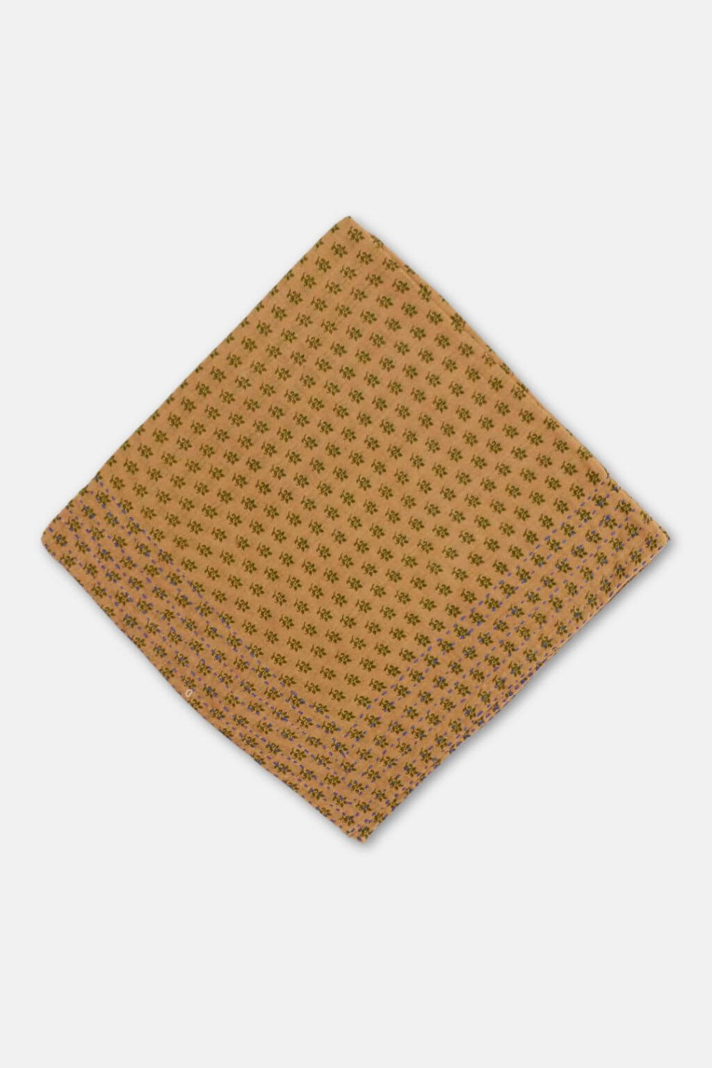 Sylvie Bandana with woodland floral print in moss green on a honeyed ochre background with indigo kantha stitching