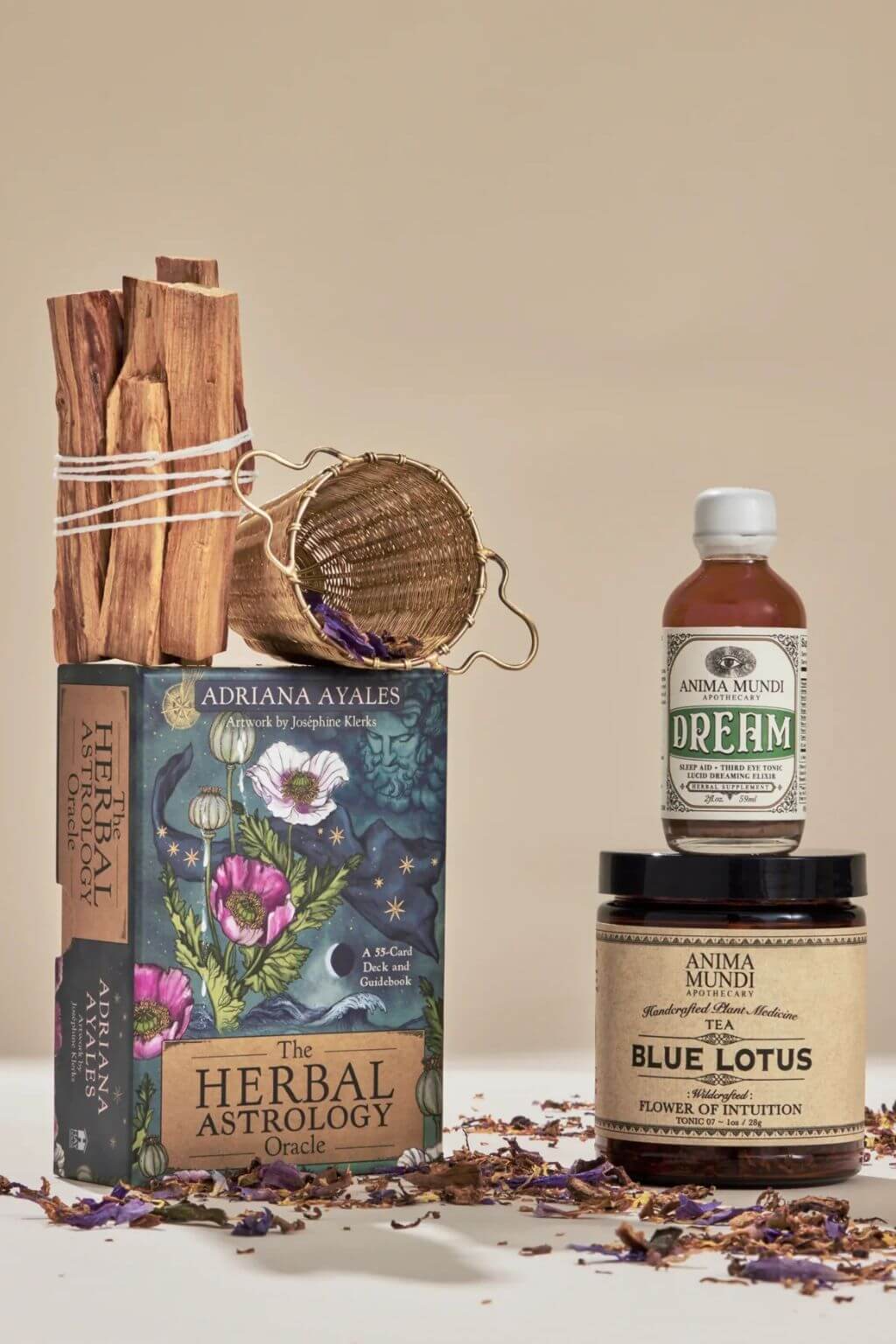 Anima Mundi Ritual Gift Set including the Herbal Astrology Oracle, Blue Lotus Tea, Dream Elixir, Palo Santo Sticks and a Woven Brass Tea Strainer