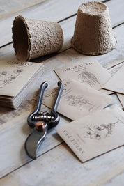 Seedling pots, pruner, and seed packets on a wooden surface