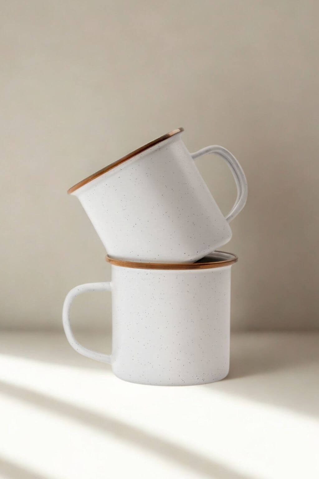 Two stacked eggshell enamel cups with bronze rim in morning light”