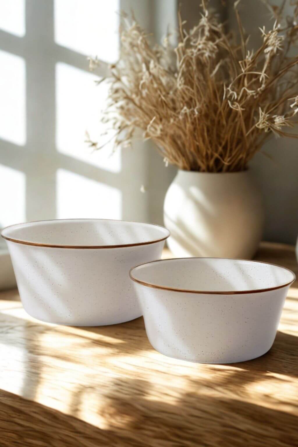 Two white enamel mixing bowls with bronze rim on wooden surface