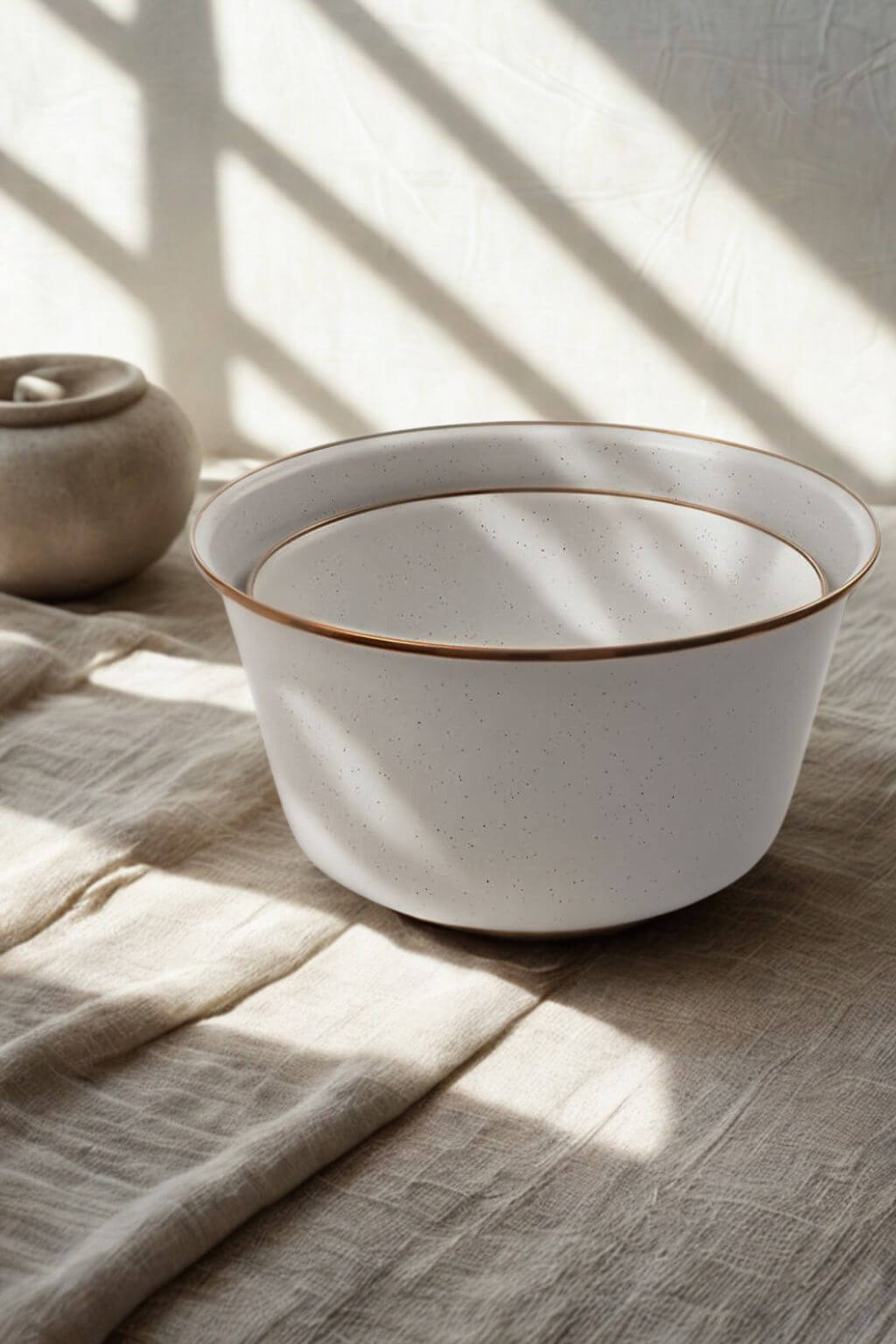 Nested Eggshell enamel mixing bowl set on linen tablecloth in natural light