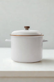 Eggshell enamel stock pot with walnut lid knob on light background