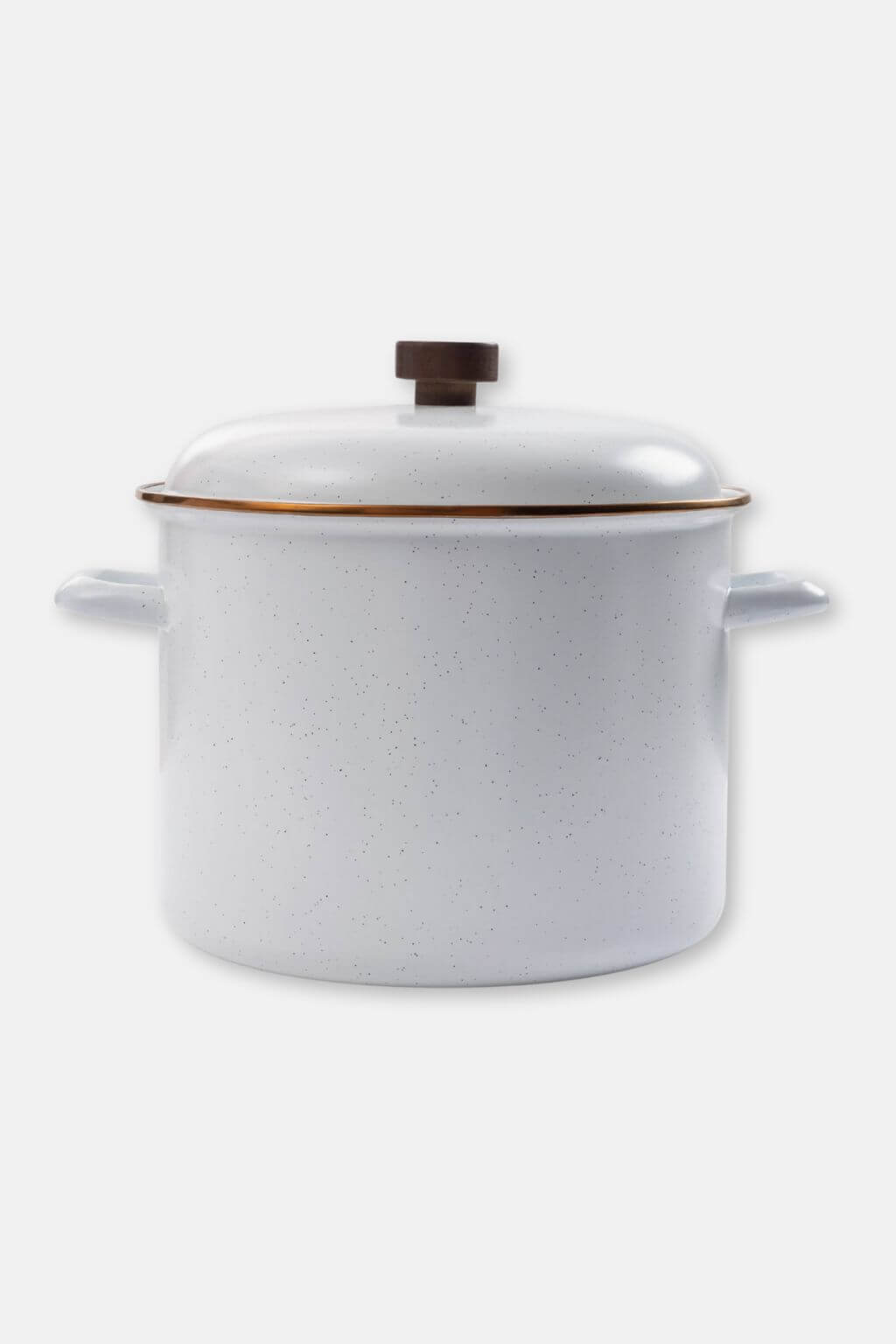 White enamel stock pot with subtle speckled glaze and bronze trim
