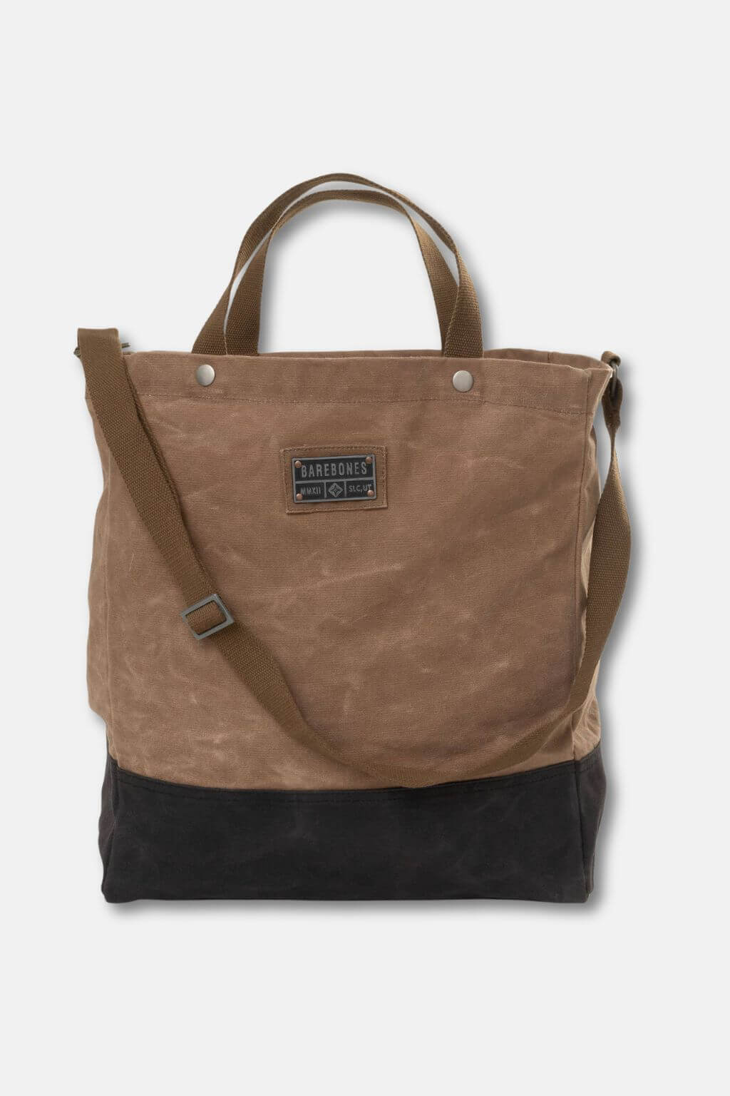 Brown and black tote bag with a visible brand label on a white background