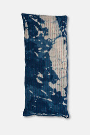 Close-up of hand-printed indigo cotton and silk fabric eye pillow