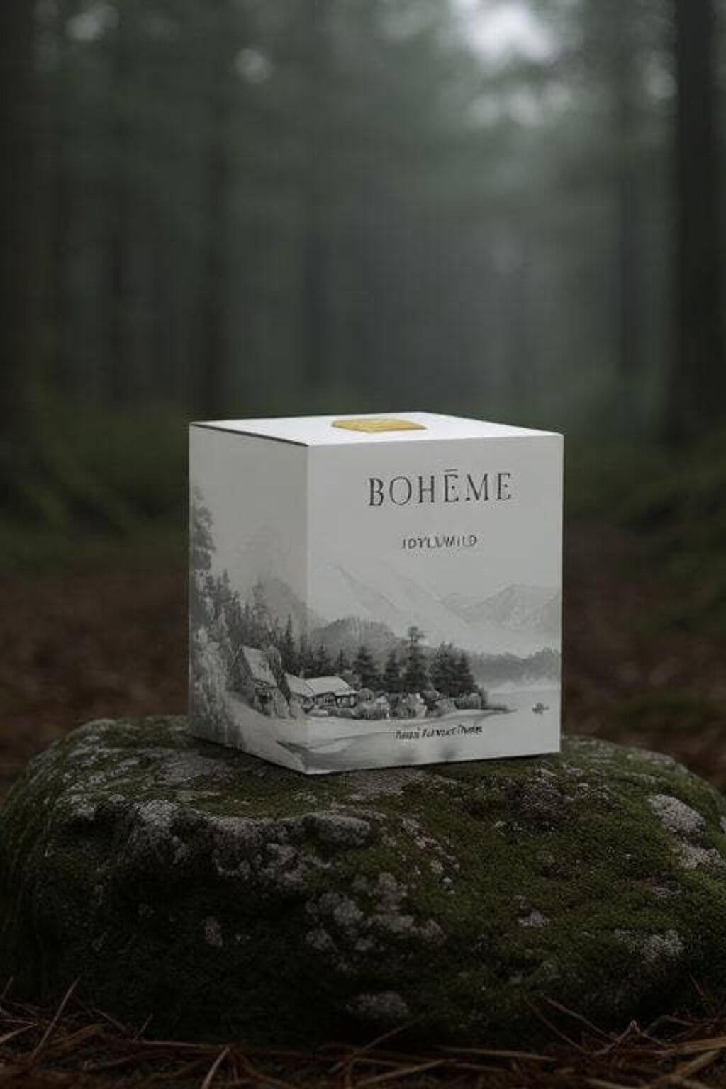Bohème Idyllwild candle box resting on moss-covered stone in a misty forest setting, evoking alpine stillness