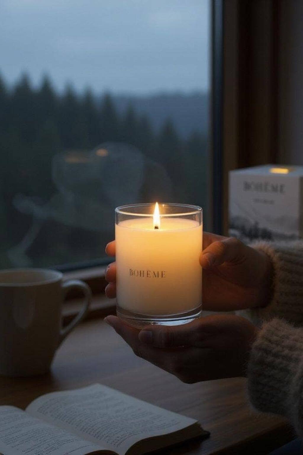 Lit Bohème Idyllwild candle held near a window at dusk, overlooking a quiet forest landscape
