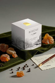 Bohème Saint-Germain-des-Prés candle box styled on green velvet with amber resin and writing paper