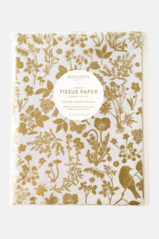 Gold meadow botanical tissue paper by Botanica Paper Co. folded in clear sleeve with golden floral print.
