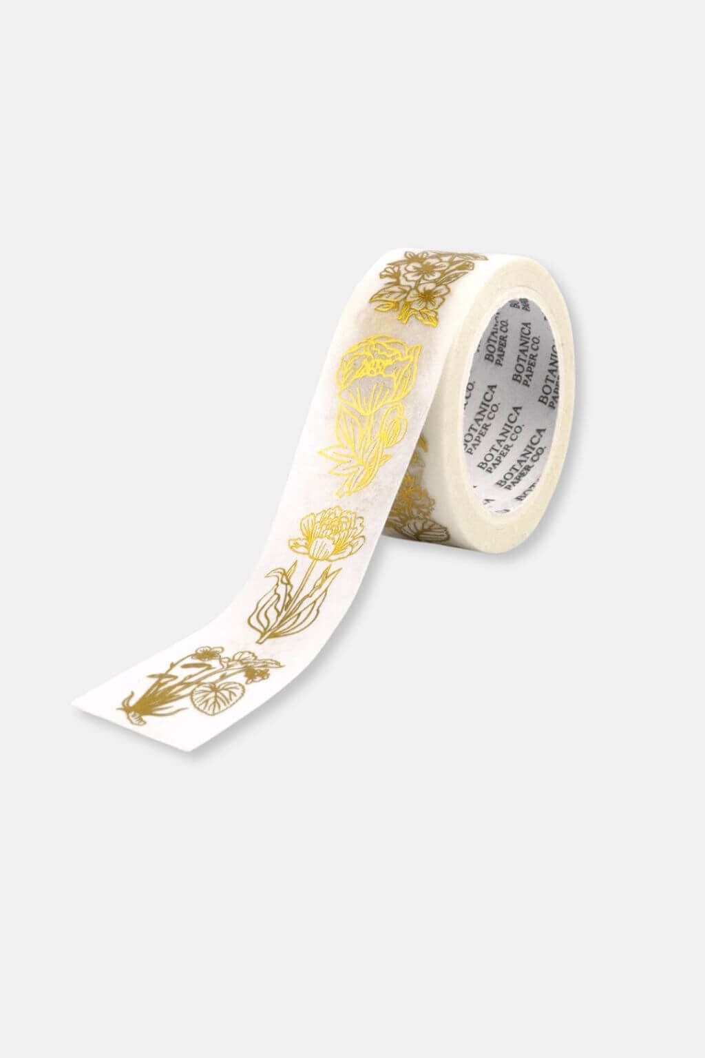 Roll of golden botanical washi tape with delicate floral illustrations printed in metallic foil.