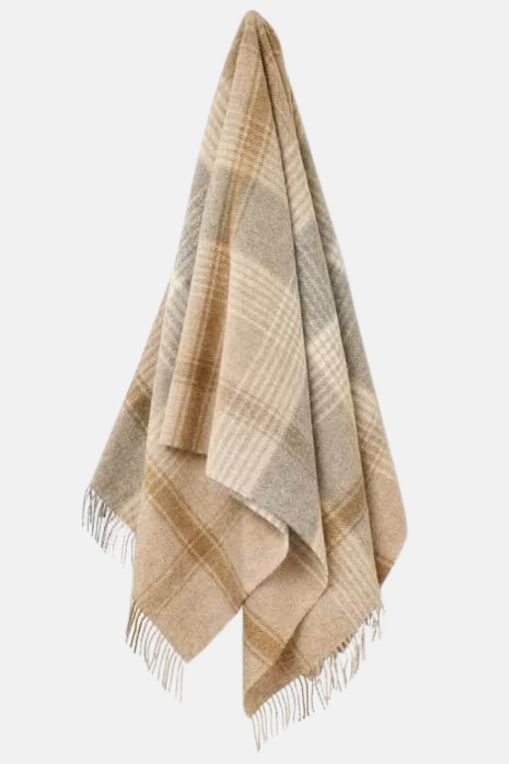 Natural check wool throw in warm neutral tones hanging against a white background