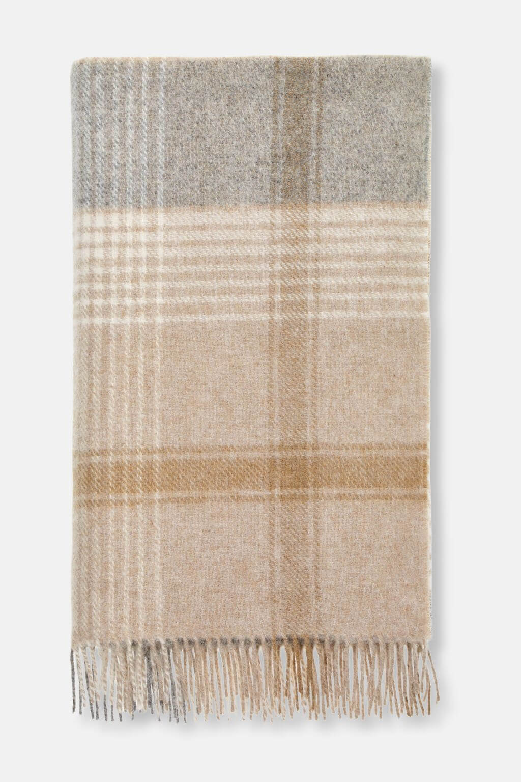 Folded British lambswool throw showing classic check pattern in beige, stone, and grey