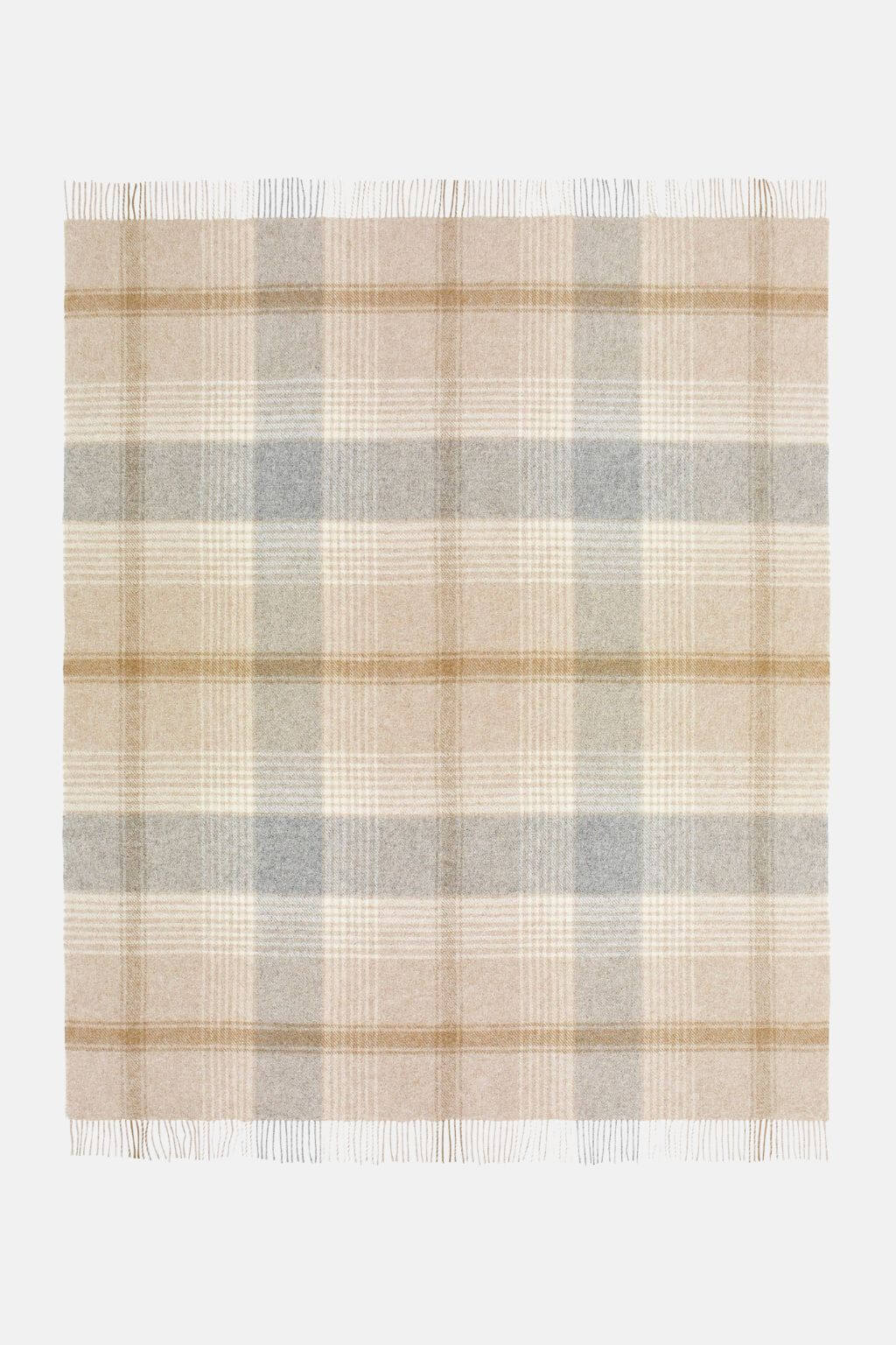 Close-up full layout of natural check wool throw with fringe detailing