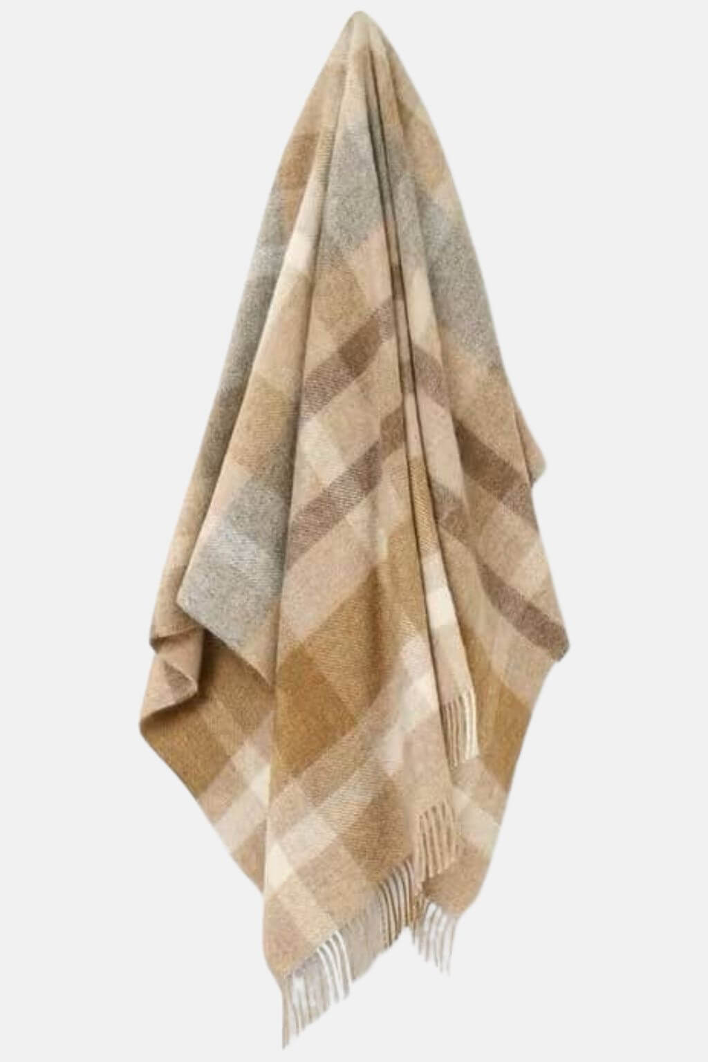 Natural Contemporary Check Wool Throw draped – British lambswool in warm neutral tones