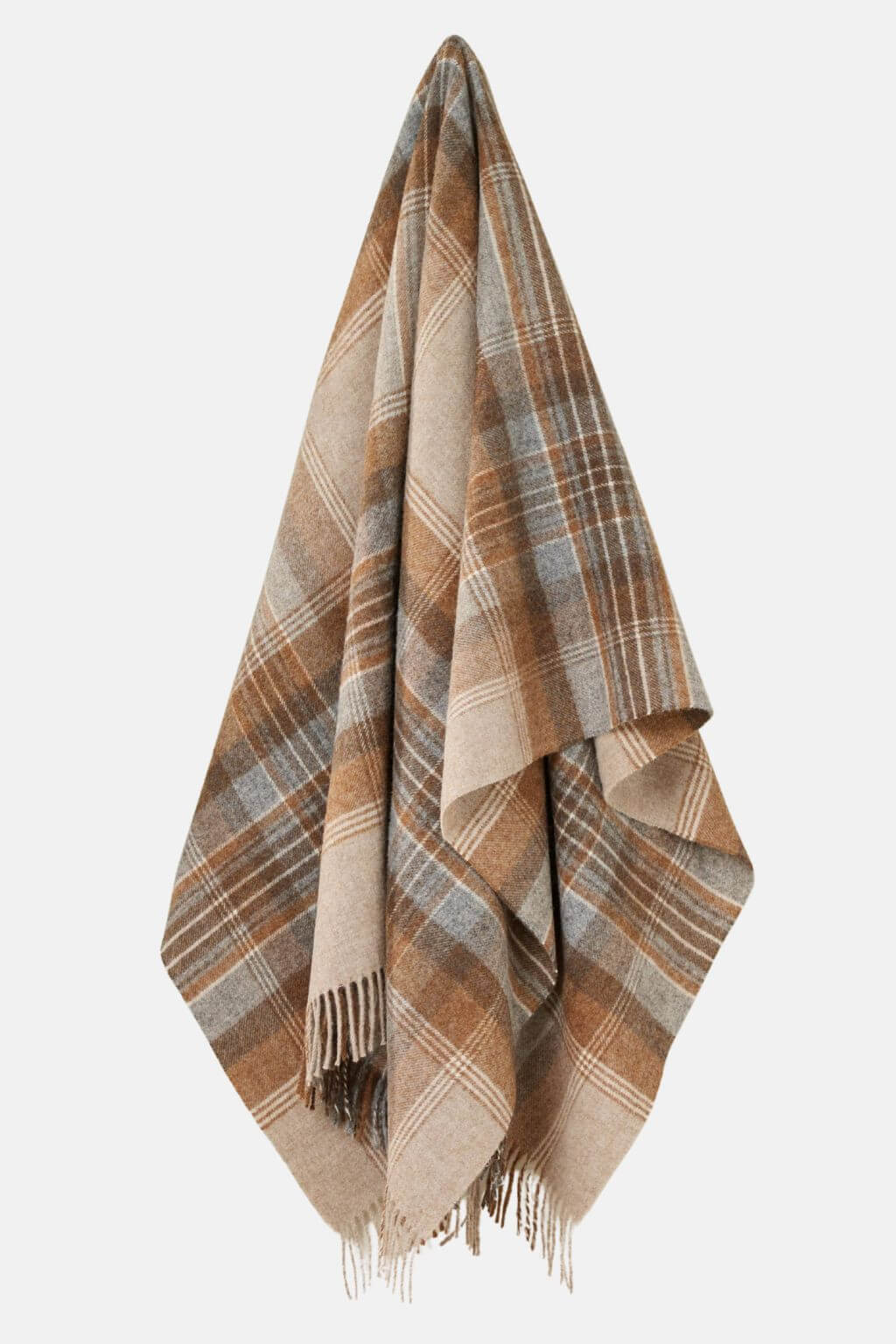 Bronte Moon Kintyre Shetland wool throw in natural plaid draped with fringe