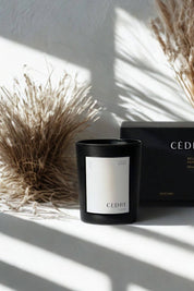 Black glass Cedar Luxury Candle beside its minimalist black box, styled with dried grasses in natural light.