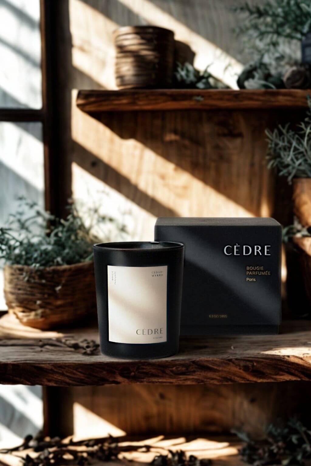 Cedar Luxury Candle displayed on a rustic wooden shelf with baskets and greenery in the background.