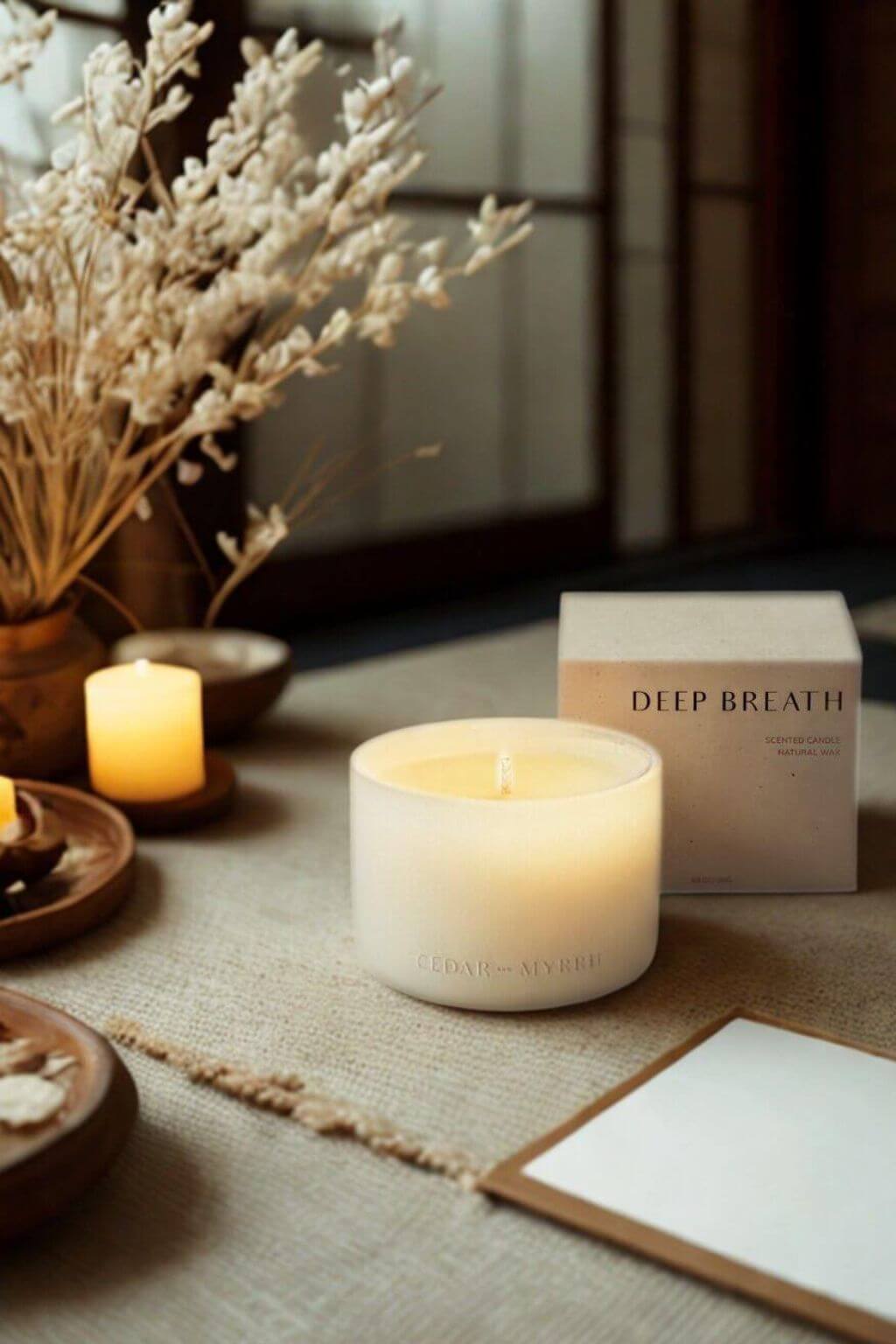 Lit Deep Breath candle surrounded by natural decor, with packaging in the background and warm ambient lighting.