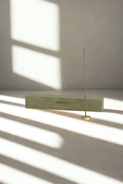 Minimalist display of a burning Hinoki incense stick in a brass holder, shadows of a window falling across the scene beside the green "Forest" box.