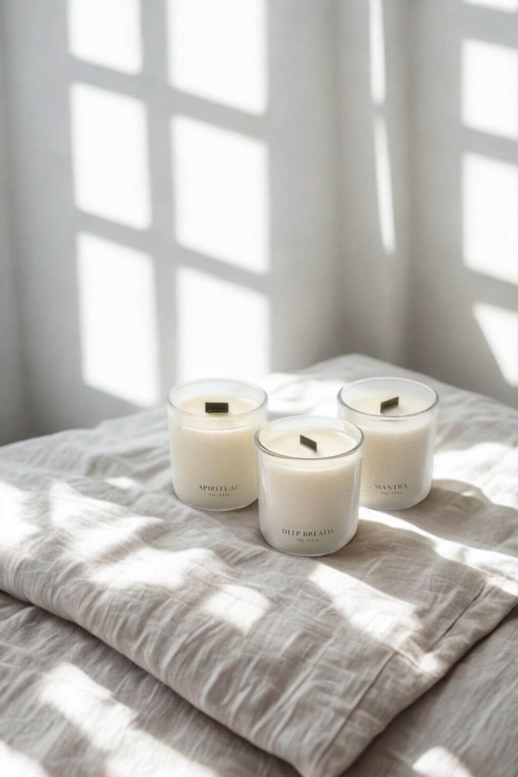 Trio of mini candles—Spiritual, Deep Breath, and Mantra—displayed on soft linen with sunlight streaming through windowpanes.